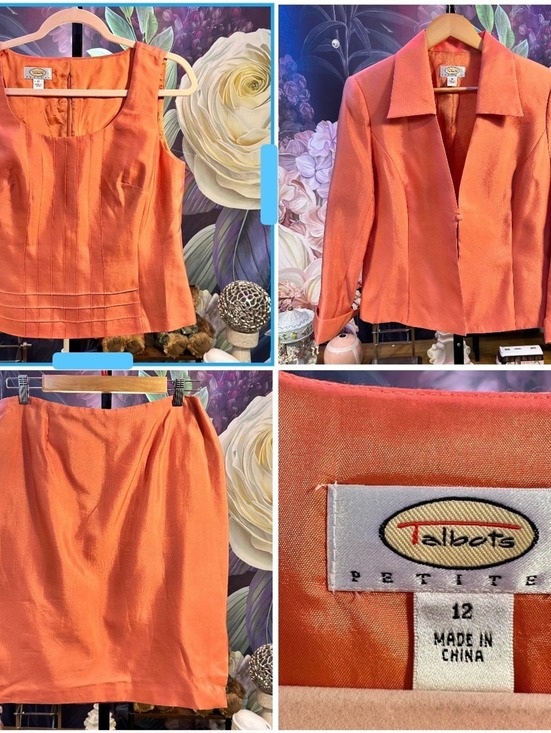 Talbots Other - Talbots Petites 12 3 Piece Skirt Suit Set Silk Cotton Coral Career